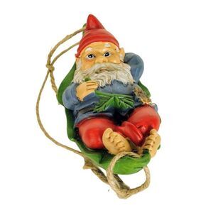 Garden Gnome Hanging Holding a Flower Figurine in a Leaf Hammock 8" NEW